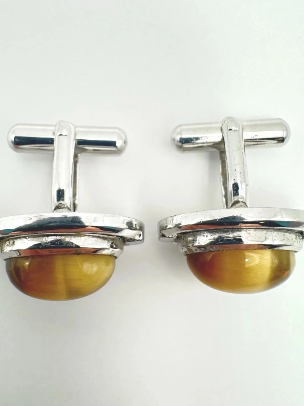 Vintage Sun Eagle Tiger Eye Cufflinks Oval Cabochon Silver Tone Formal Accessory